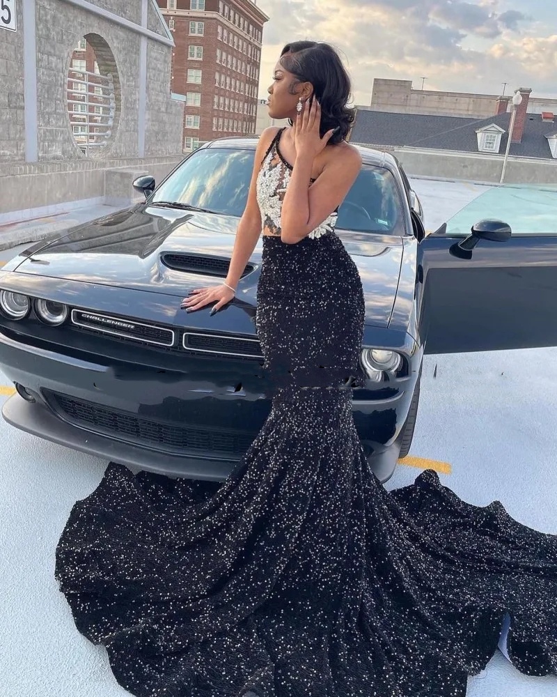 Sexy One Shoulder Sequin Prom Dresses For Black Girls Mermaid Evening Gowns Rhinestone Vestidos De Gala 2024 Party Dress 0431
