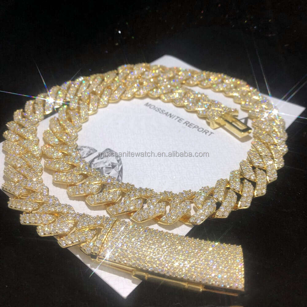 Custom Hip Hop Jewelry Moussaint Cuban Necklace S925 Sterling Silver Plated 14k Gold Full Set Diamond Chain