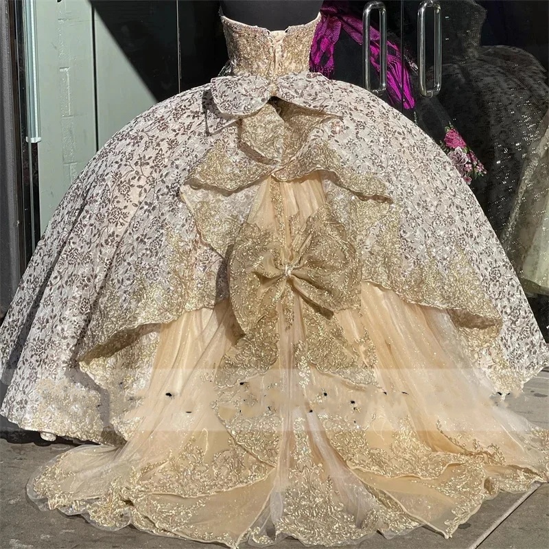 Sparkly Rose Gold Princess Quinceanera Dresses With Bow Ball Gown Glitter Appliques Crystals Beads Sweet 15Th Dress Prom Lace-Up 0431