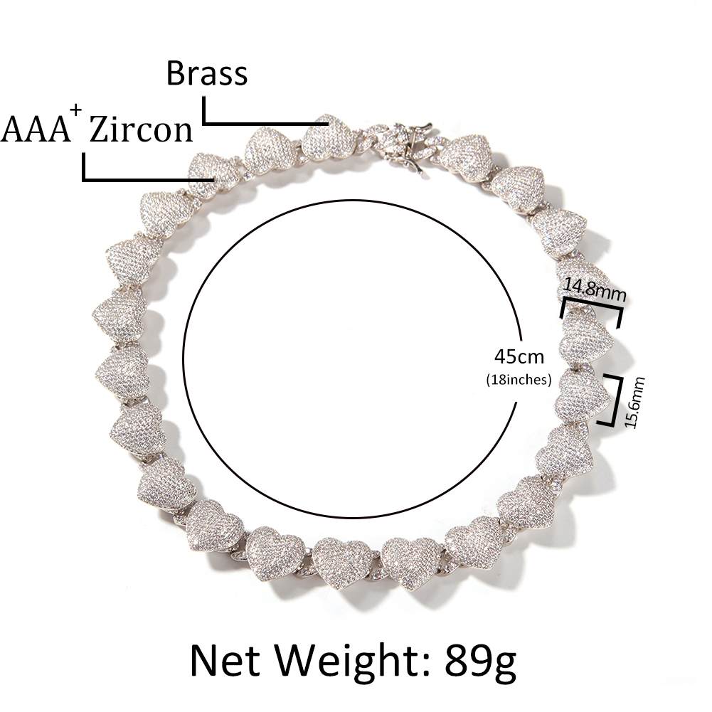 15mm Hip Hop Heart Shape Bubble Tennis Chain Necklace 18K Real Gold Plated Full Zircon Jewelry Women Men Gift
