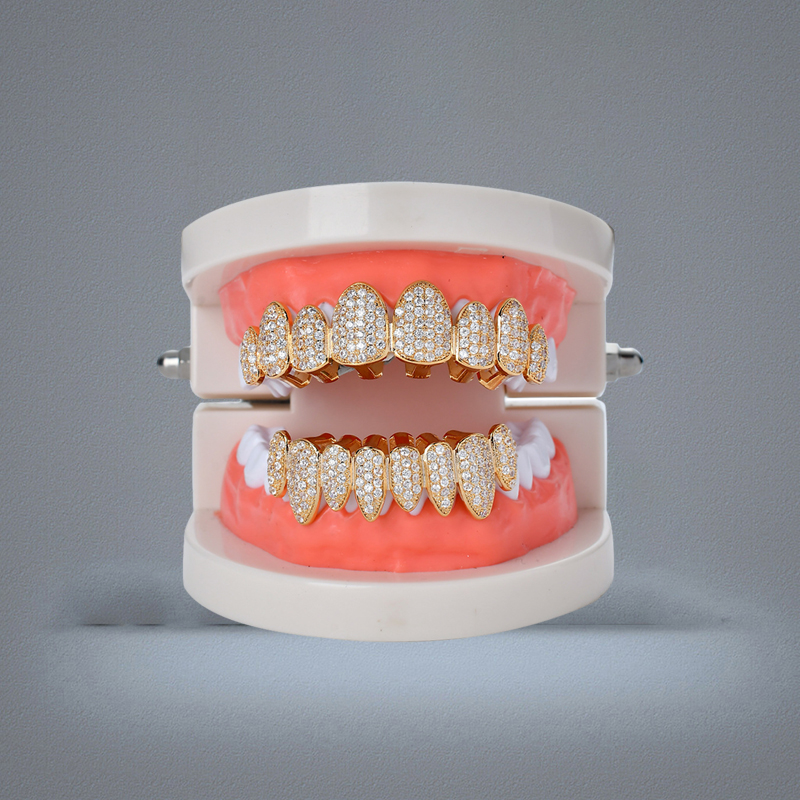 Hip Hop Jewelry Hipsters Diamond Dientes Grillz Teeth Iced Out CZ Mouth Teeth Grillz Caps Top Bottom Grill Set Men Women Irregular