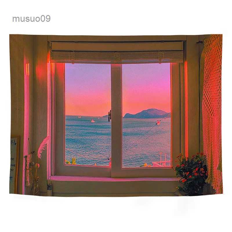 Tapestries Window Tapestry Sea Outside The Window Wall Hanging Starry Carpet Blanket Bedspread Yoga Towel Home Beach Wall Decor Dropship