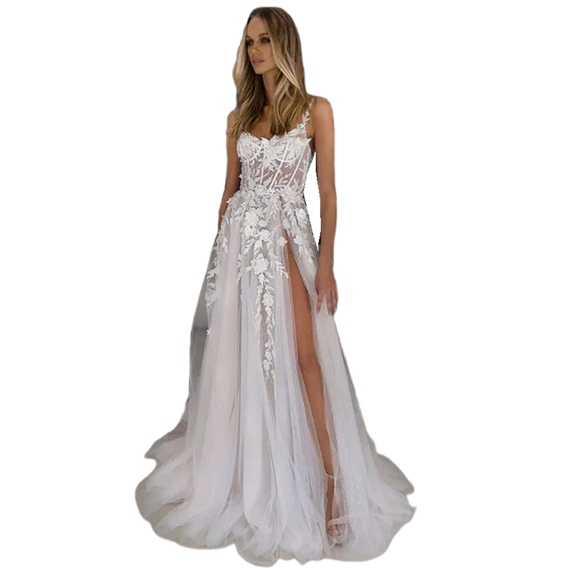 Sexy Spaghetti Boho Wedding Dress Side High Split Backless A-e Long Tulle Bridal Gowns Lace Appliques Summer Beach Bride Dresses 2024