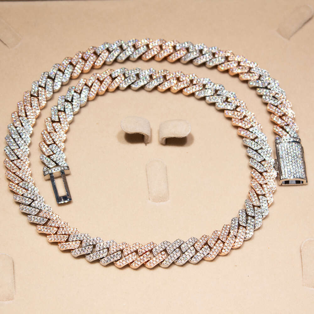 Bust Down Miami Cuban Two Tone Iced Out S925 Sterling Silver Moissanite 12mm 2rows Gold Plated Link Chain
