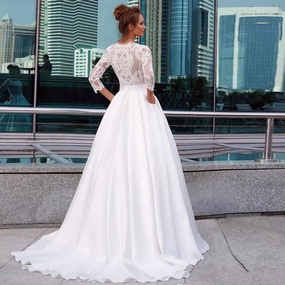 White Princess Elegant Wedding Dresses Jewel Neck 3/4 Long Sleeve Lace Appliques Country Bridal Gowns Pocket Satin Vestido De Novia