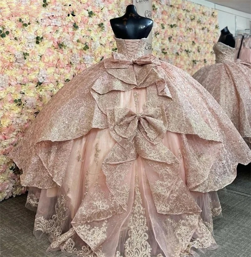 Sparkly Rose Gold Princess Quinceanera Dresses With Bow Ball Gown Glitter Appliques Crystals Beads Sweet 15Th Dress Prom Lace-Up 0431
