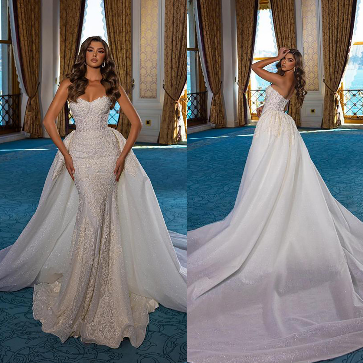 Elegant Mermaid Wedding Strapless Applique Bridal Gowns Detachable Train Lace Up Bride Dresses Custom Made 0219