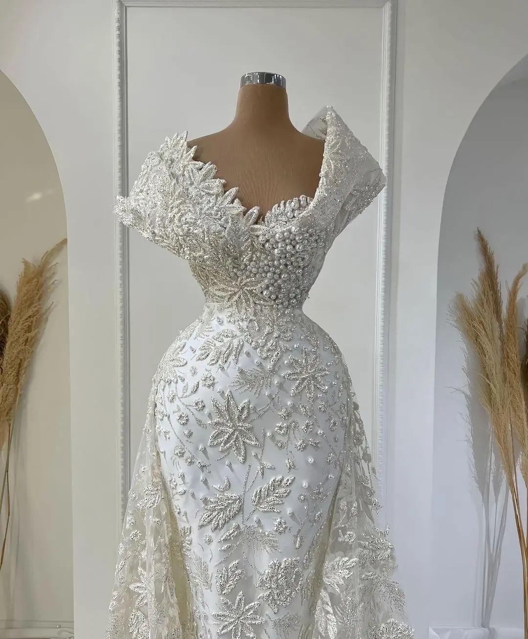 Fancy Mermaid Bridal Gowns Sheer Neck Lace Appliques Pearls Wedding Dress Custom Made With Overskirts Bride Dresses Vestido De Novia 0219