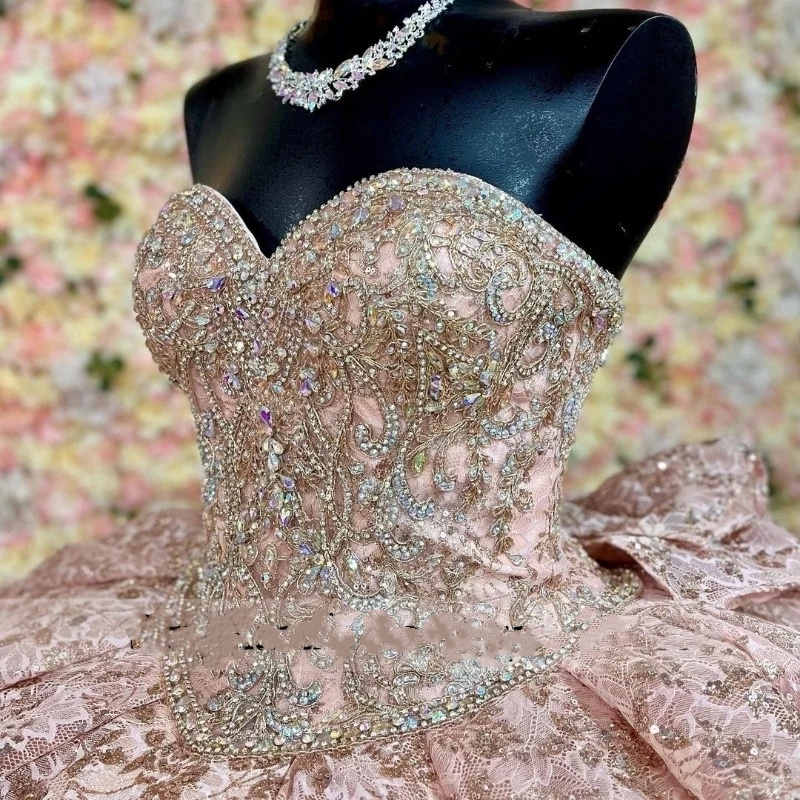 Sparkly Rose Gold Princess Quinceanera Dresses With Bow Ball Gown Glitter Appliques Crystals Beads Sweet 15Th Dress Prom Lace-Up 0431