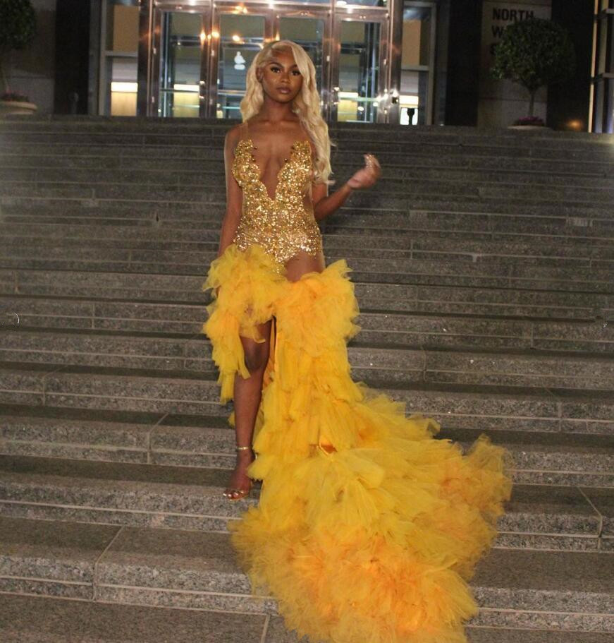 Gold Luxury Sparkly African Prom Ceremony Dresses for Women Luxury Diamond Ruffles Train Evening Birthday Gown Black Girl