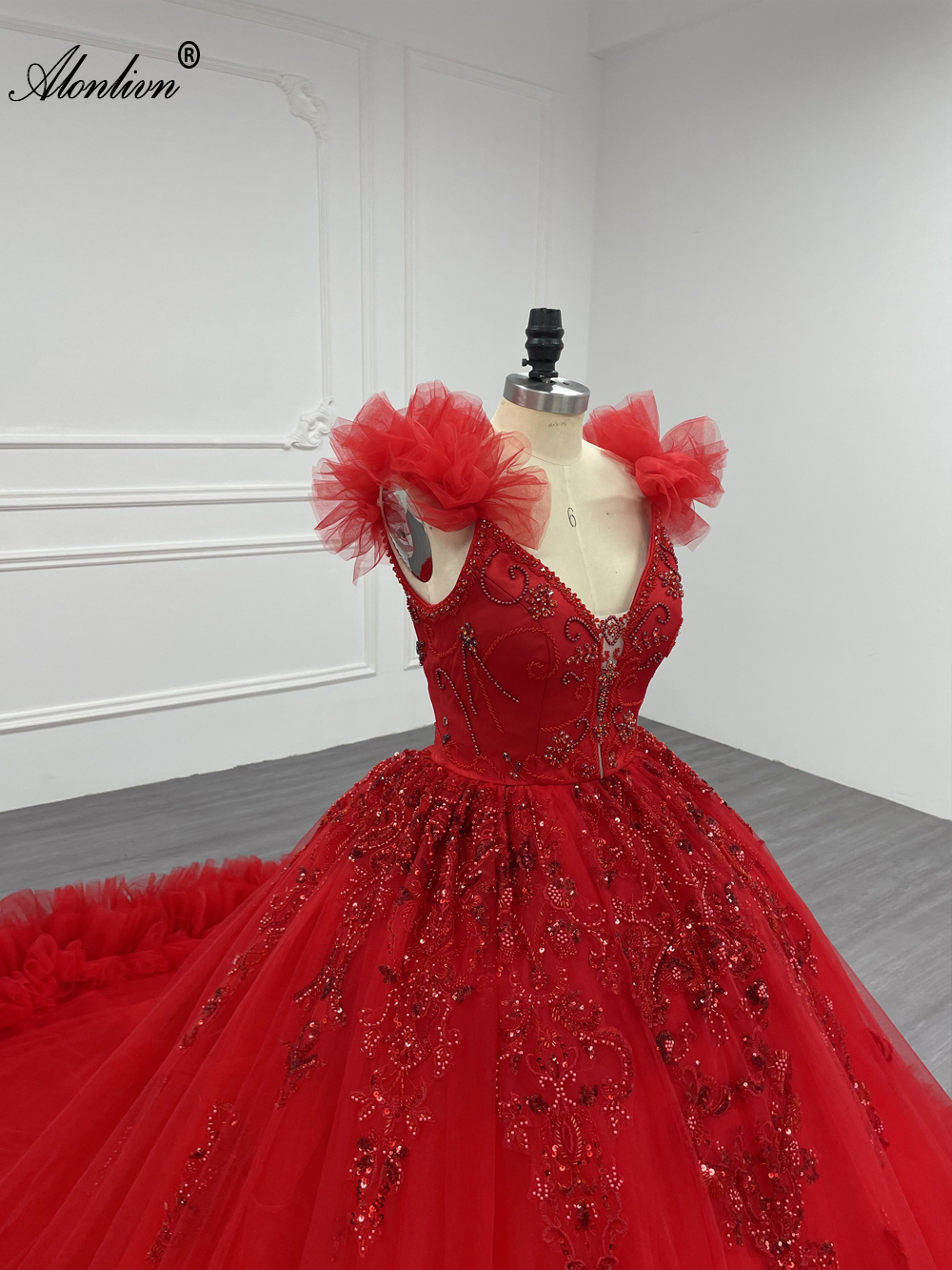 Alonlivn Elegant Colorful Layered Ruffles Beaded Sequined Pearls Appliques Bridal Gown V-Neck Ball Gown Bridal Dresses