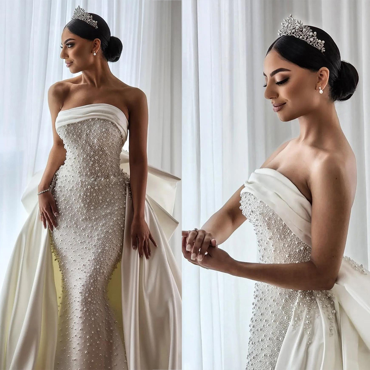 Gorgeous Pearls Mermaid Bridal Gowns with Bow Overskirts Wedding Dress Custom Made Backless Bride Dresses Vestido de novia