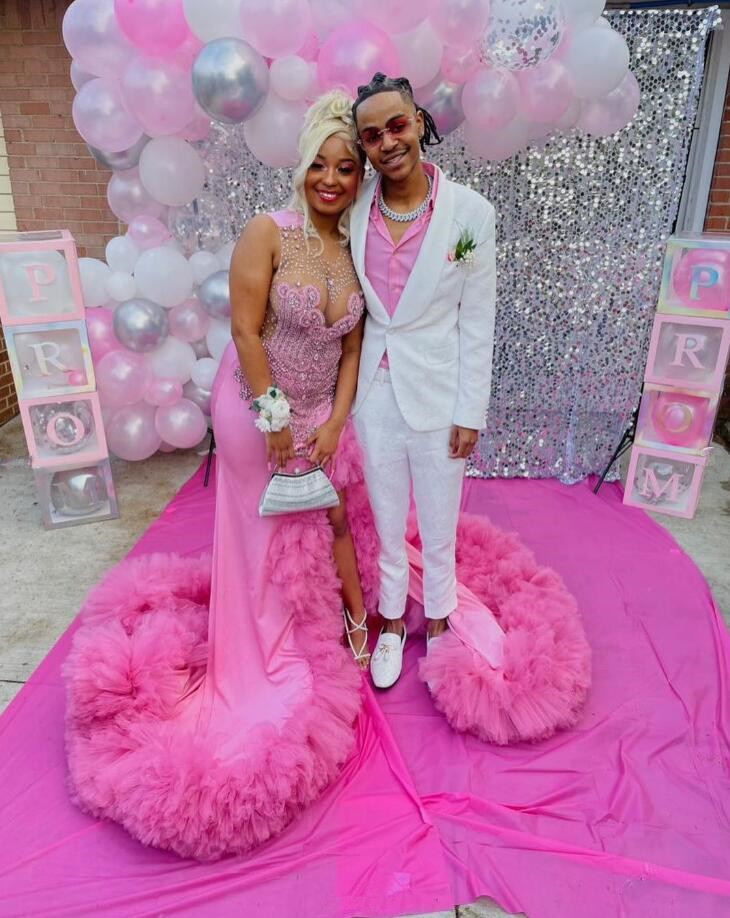 Bubble Pink Sparkly Mermaid Prom Dresses For Women Dia Crystal Slit Ruffles Evening Ceremony Celebrity Gown 0218