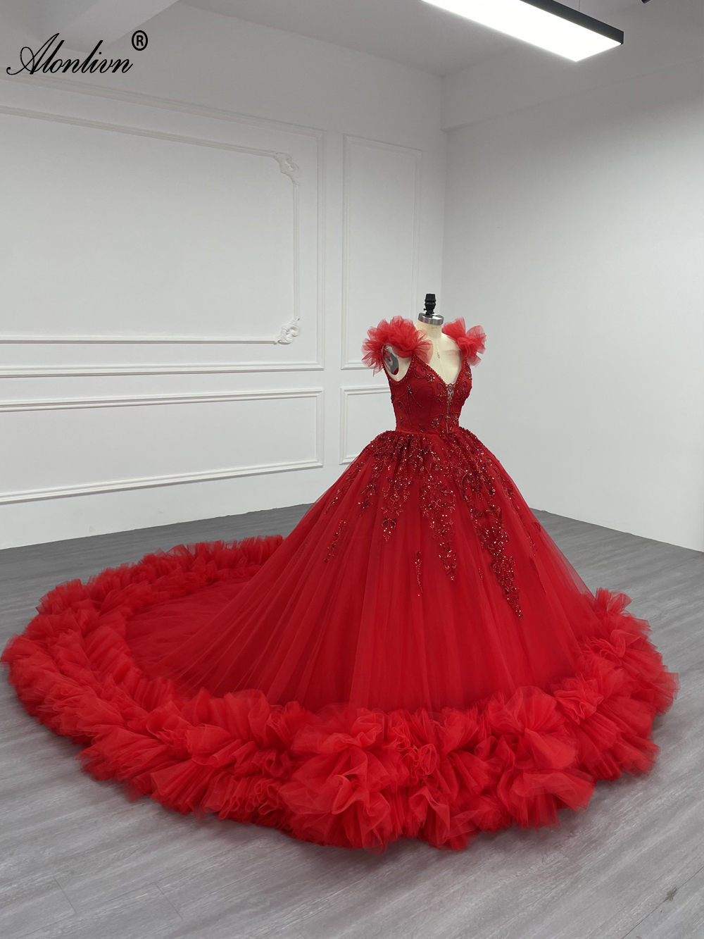 Alonlivn Elegant Colorful Layered Ruffles Beaded Sequined Pearls Appliques Bridal Gown V-Neck Ball Gown Bridal Dresses