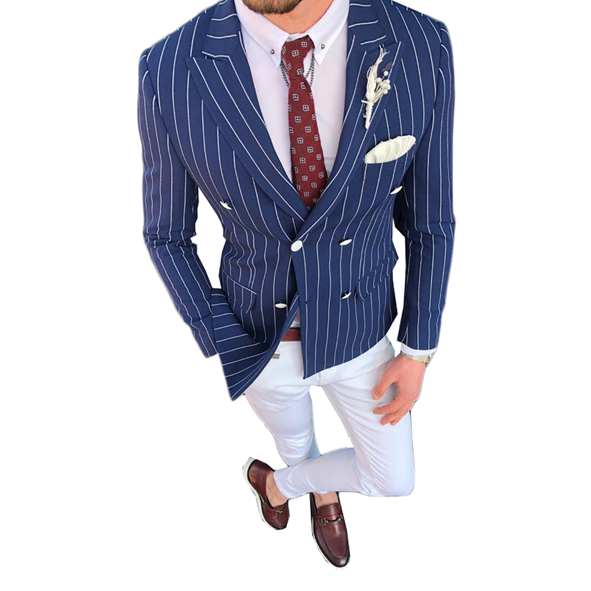 Navy Stripes Men Jacket Slim Fit Double Breasted Mens Party Birthday Formal Wear Wedding Tuxedos Only One Piece No Pants
