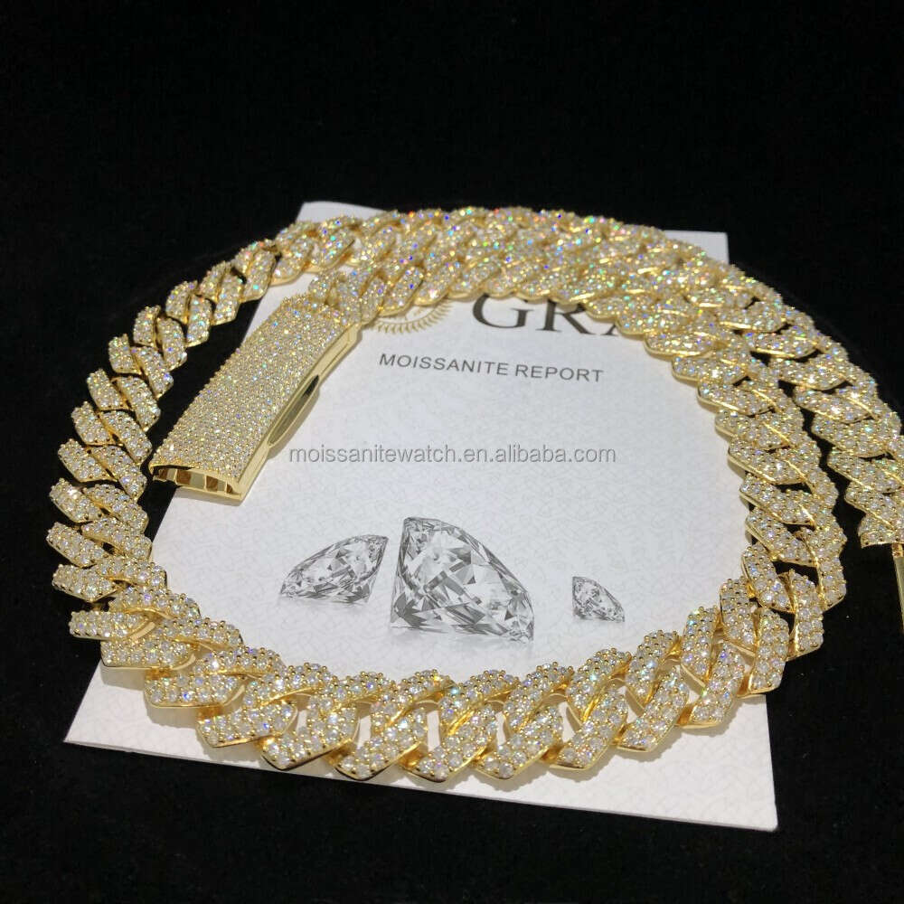 Custom Hip Hop Jewelry Moussaint Cuban Necklace S925 Sterling Silver Plated 14k Gold Full Set Diamond Chain
