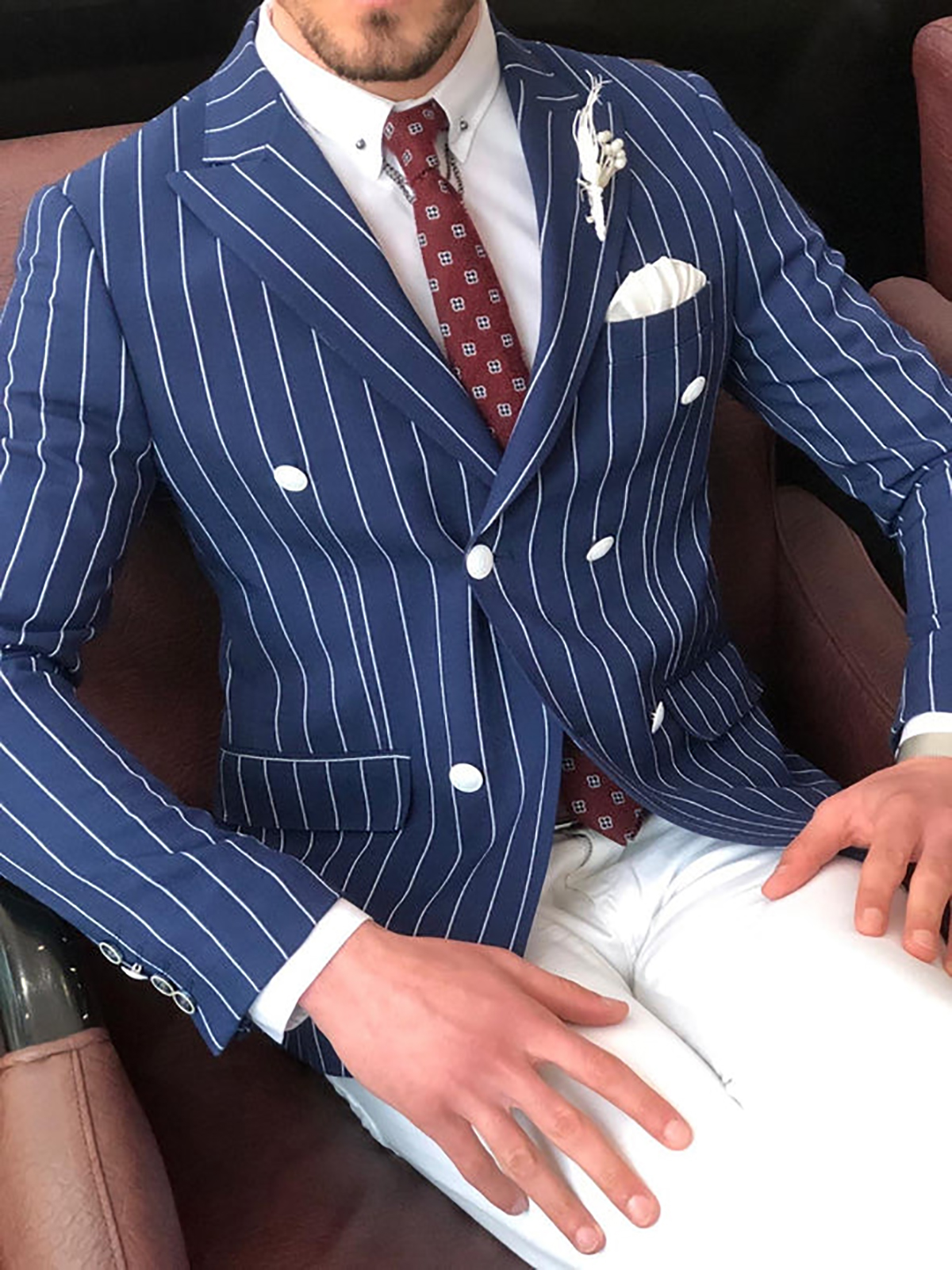 Navy Stripes Men Jacket Slim Fit Double Breasted Mens Party Birthday Formal Wear Wedding Tuxedos Only One Piece No Pants