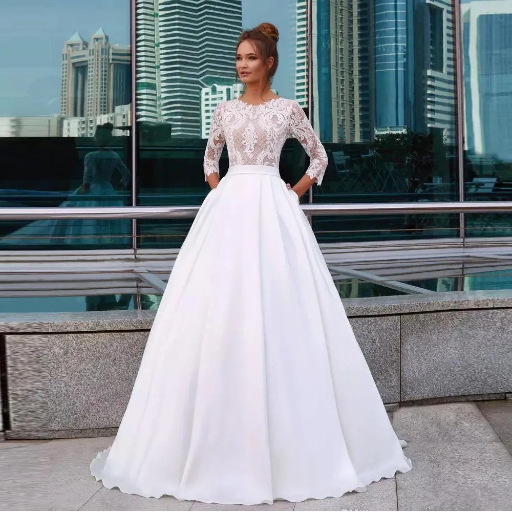 White Princess Elegant Wedding Dresses Jewel Neck 3/4 Long Sleeve Lace Appliques Country Bridal Gowns Pocket Satin Vestido De Novia