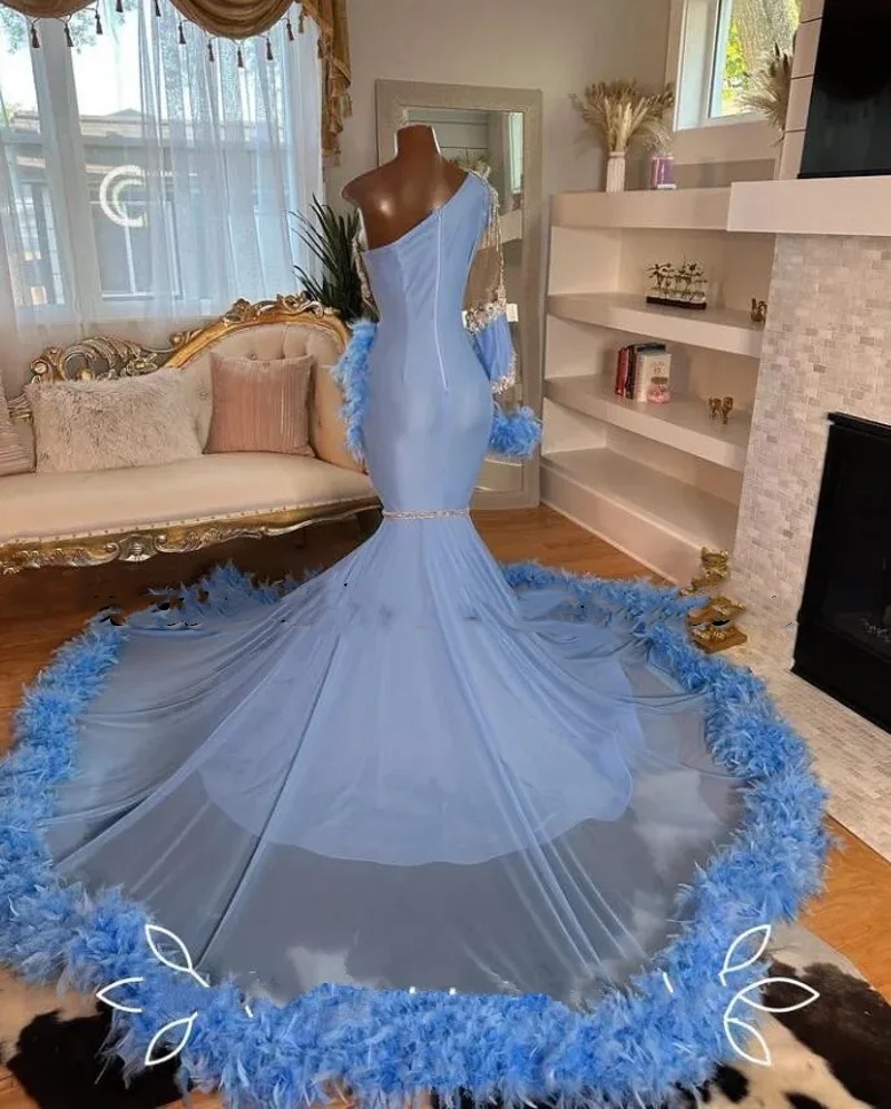 Baby Blue Prom Dresses For Black Girl 2024 Sparkly Diamond Feather Mermaid Evening Gowns One Shoulder Long Sleeve