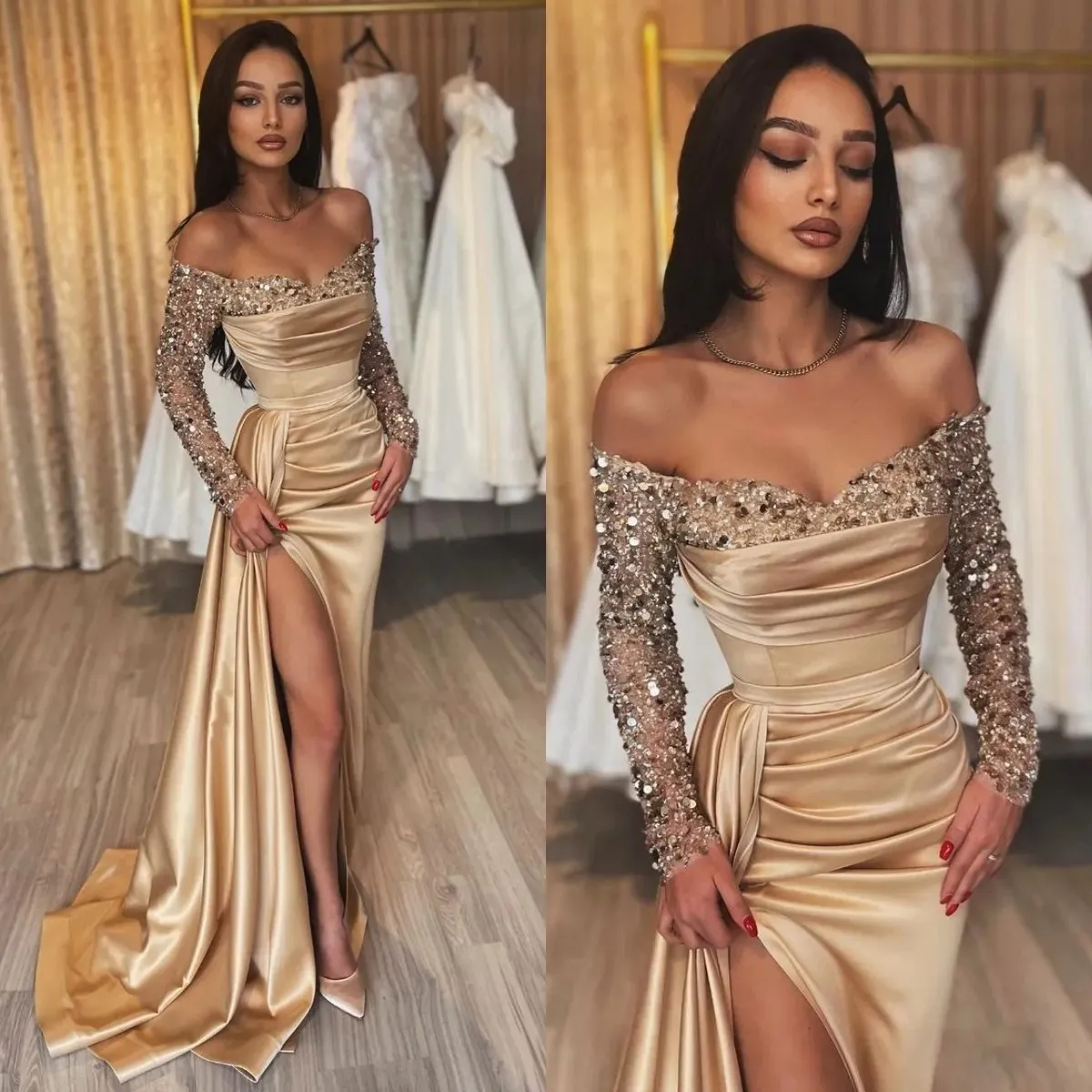 Shoulder Sexy Prom Off Dresses Side Split Special Ocn Dress Sequins Long Sleeves Evening Gown for Women 2024