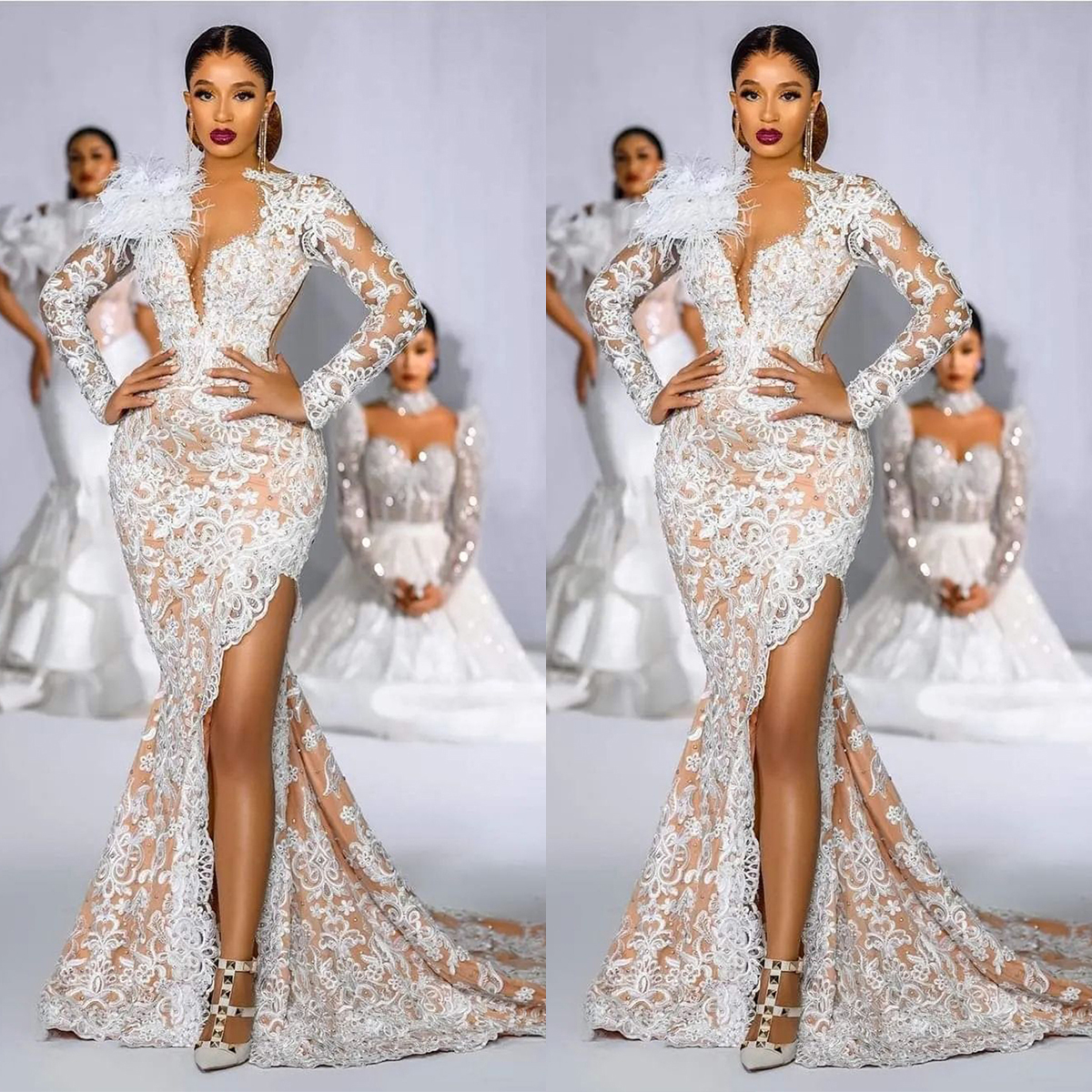 Glamorous Mermaid Wedding Dresses V-neck Long Sleeves Lace Pearls Feathers Zipper Court Gown Custom Made Plus Size Bridal Gown Vestidos De Novia