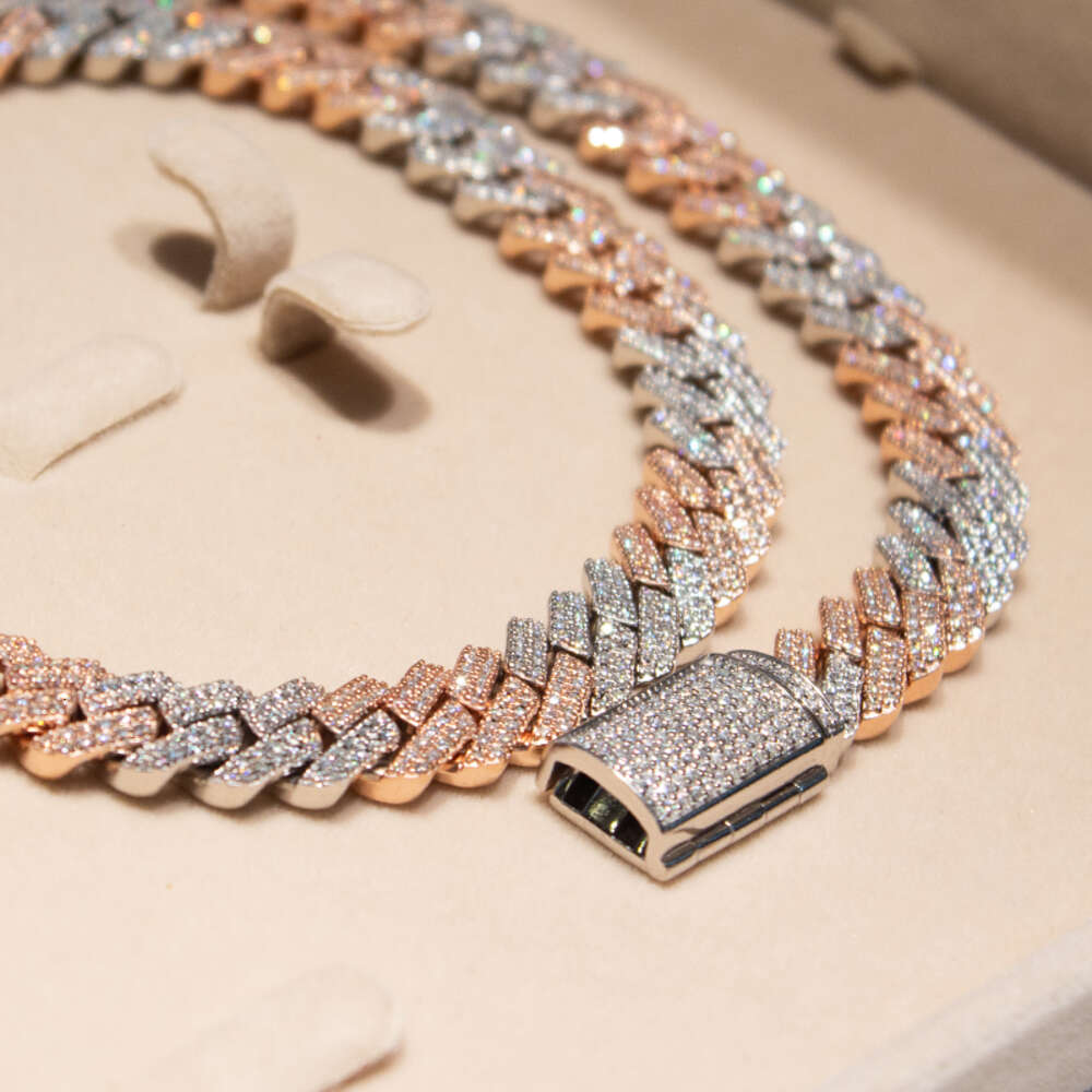 Bust Down Miami Cuban Two Tone Iced Out S925 Sterling Silver Moissanite 12mm 2rows Gold Plated Link Chain