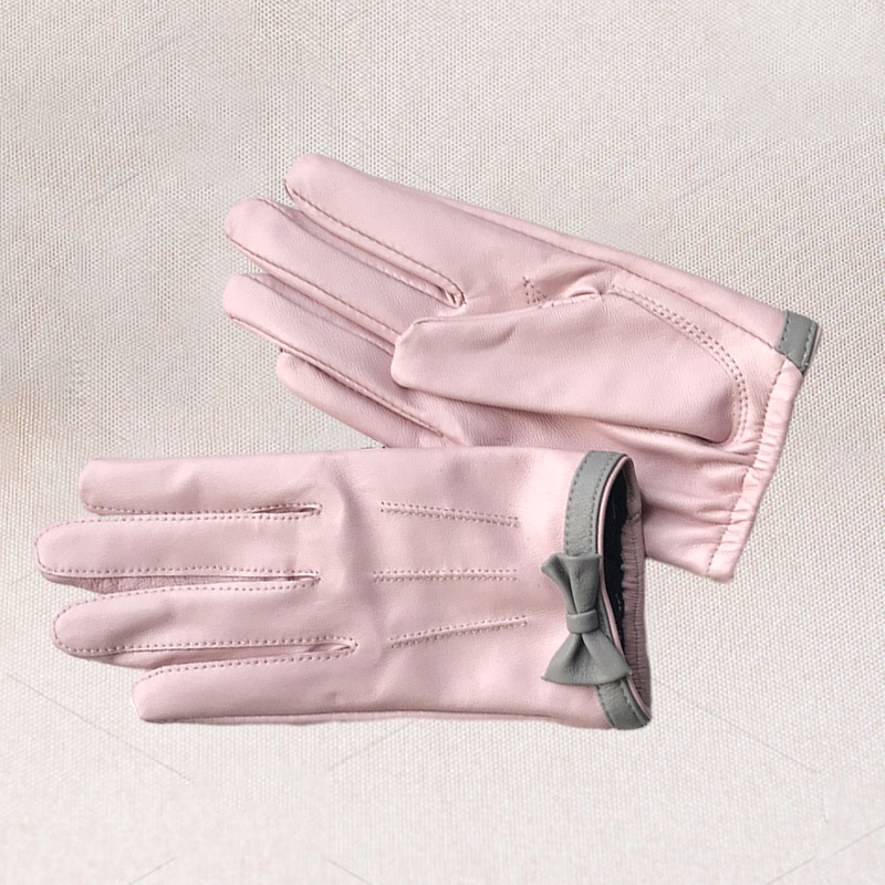 Women039s short design sheepskin gloves genuine leather gloves Bow design pink motorcycle glove