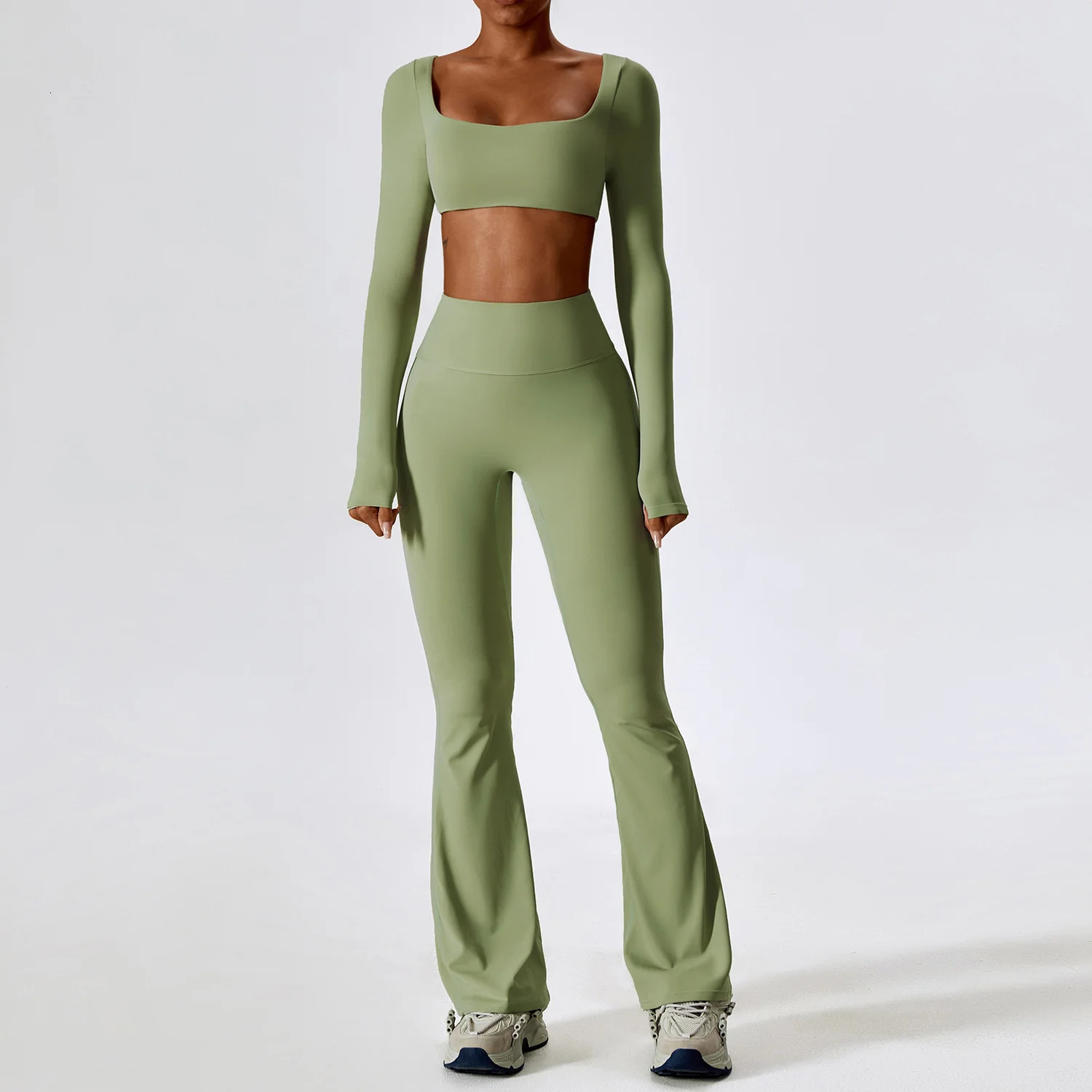 NCLAGEN Women's 2pcs Gym Yoga Suit Tight Fitting Sports Set Workout Breathable T Shirts Bra Tank Top Loose Bellbottoms Leggings 240122