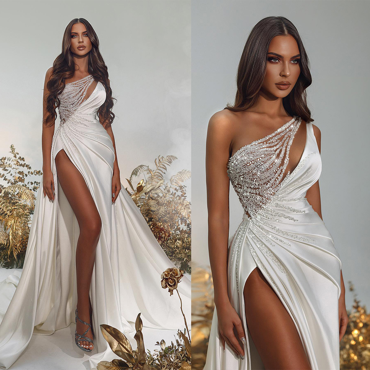 Simple One Shoulder Mermaid Wedding Side Split Sequins Bridal Gowns Satin Sleeveless Bride Dresses Custom Made 0219