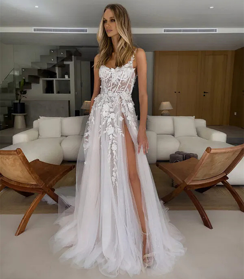 Sexy Spaghetti Boho Wedding Dress Side High Split Backless A-e Long Tulle Bridal Gowns Lace Appliques Summer Beach Bride Dresses 2024