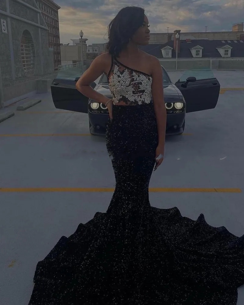 Sexy One Shoulder Sequin Prom Dresses For Black Girls Mermaid Evening Gowns Rhinestone Vestidos De Gala 2024 Party Dress 0431