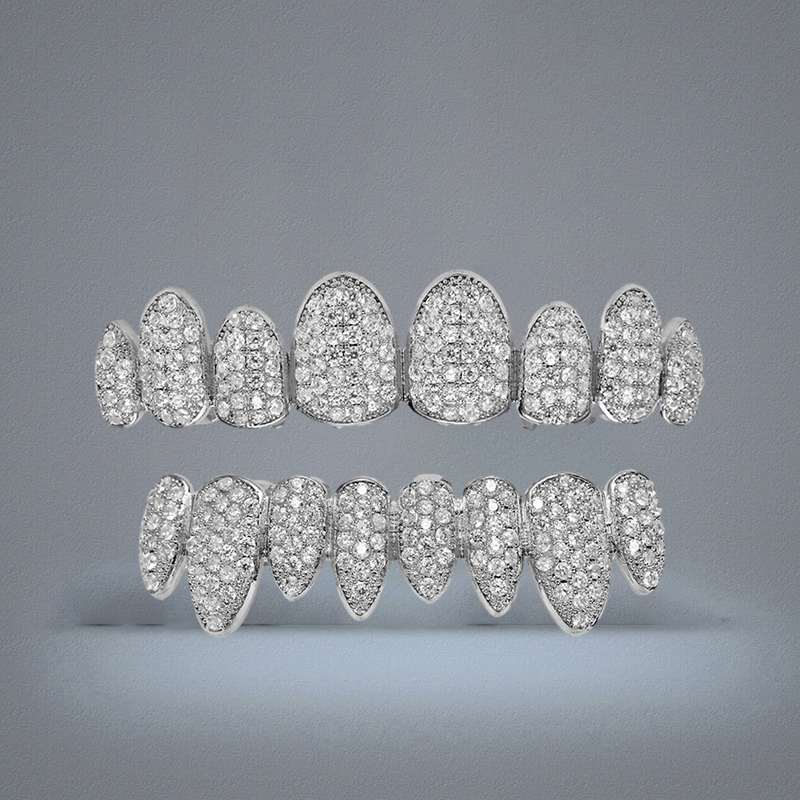 Hip Hop Jewelry Hipsters Diamond Dientes Grillz Teeth Iced Out CZ Mouth Teeth Grillz Caps Top Bottom Grill Set Men Women Irregular