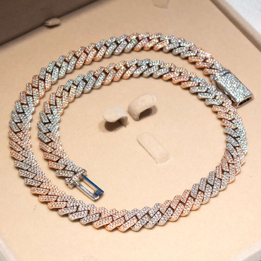 Bust Down Miami Cuban Two Tone Iced Out S925 Sterling Silver Moissanite 12mm 2rows Gold Plated Link Chain