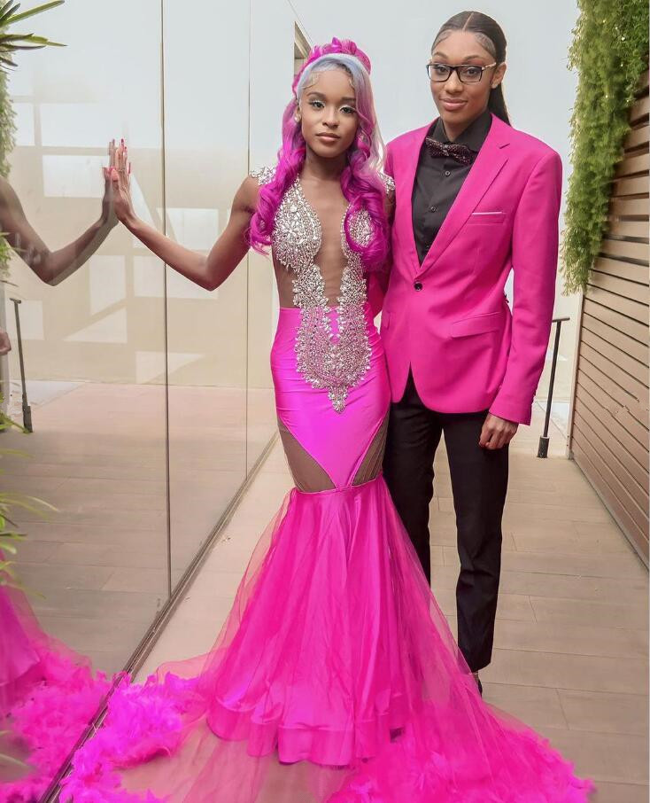 Fuchsia Pink African Mermaid Evening Formal Dress for Women Sparkly Diamond Crystal Feather Black Girl Prom Ceremony Gown 2024
