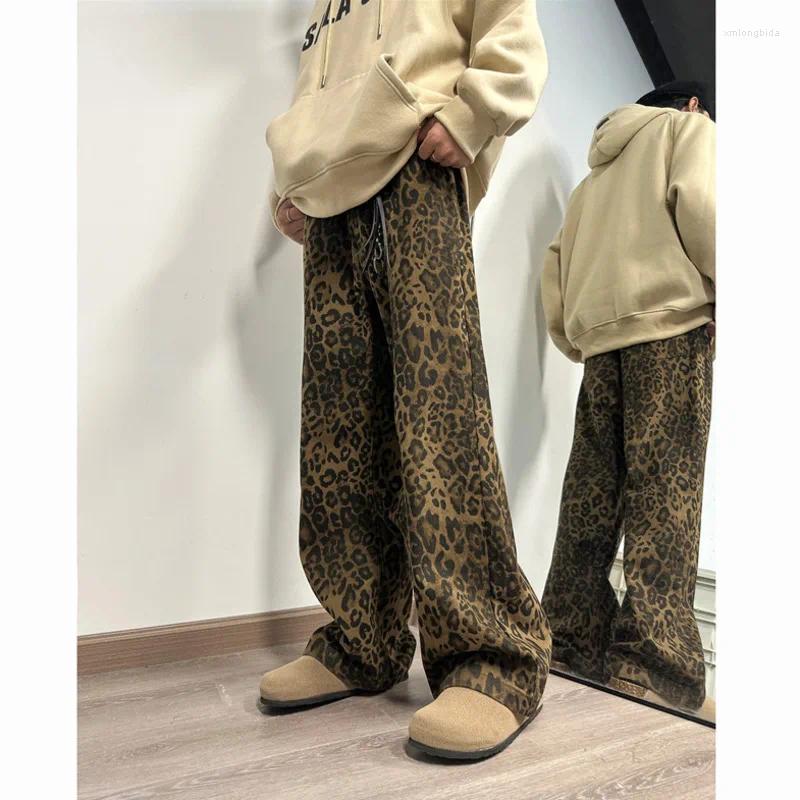 Men's Jeans Leopard Printed Men Fashion Retro Vintage Streetwear Hip-hop Loose Wide Leg Mens Denim Trousers
