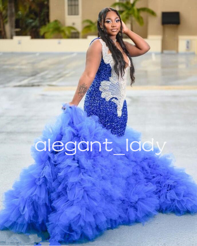 King Blue Sparkly Evening Pageant Dresses for Women Luxury Diamond Crystal Ruffles Skirt Black Girl Prom Ceremony Gown
