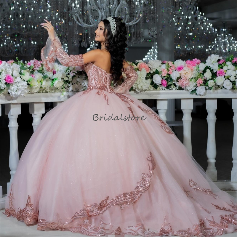 Glitter Pink Quinceanera Dresses With Sleeves Sweetheart Ball Gown Sequin Fifteen Birthday Party Dress Vestidos De xv 15 Anos 2024 Corset Princess Swe