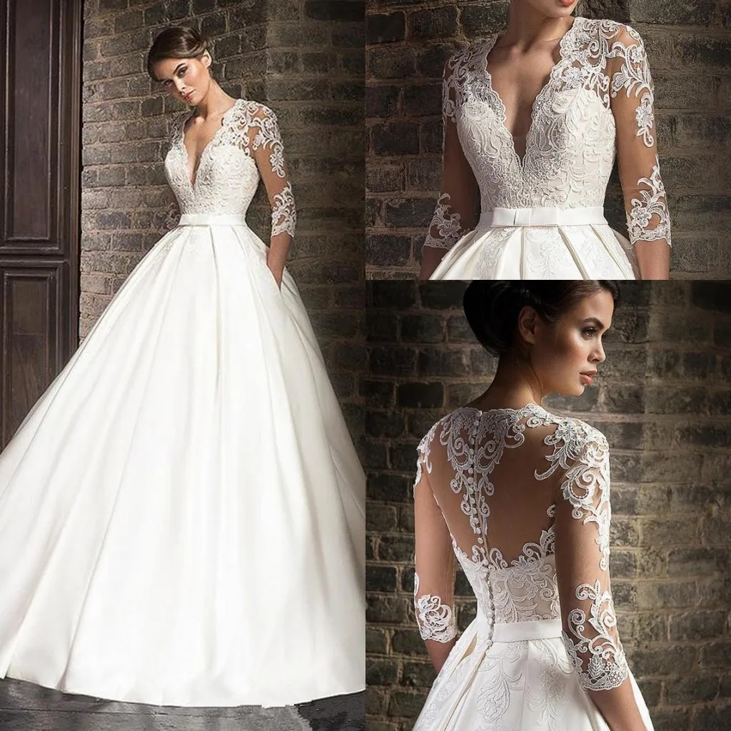 V Neck Satin A-line Wedding Dresses Sheer Long Sleeves Tulle Lace Applique Sweep Train Wedding Bridal Gowns With Pockets