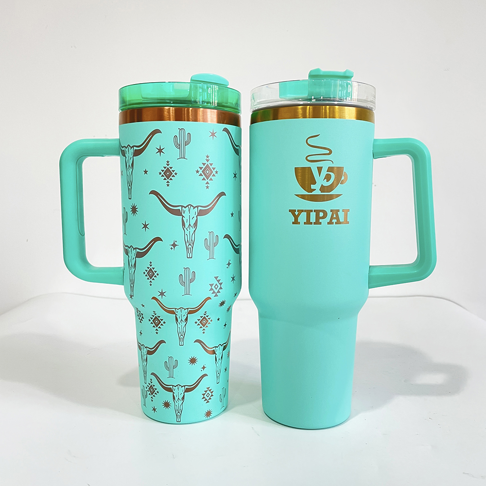 H2.0 copper plated powder coated vacuum insulated stainless steel tumbler holographic travel mug with handle for sunflower laser engraving,sold by cas