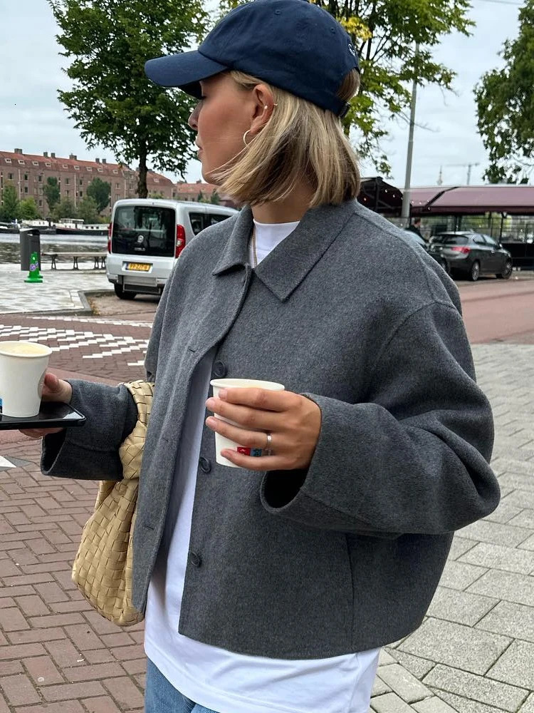 Vintage Solid Cropped Woolen Jacket For Woman Long Sleeve Lapel Short Coats Female Autumn High Street Lady Chic Outerwear 240118