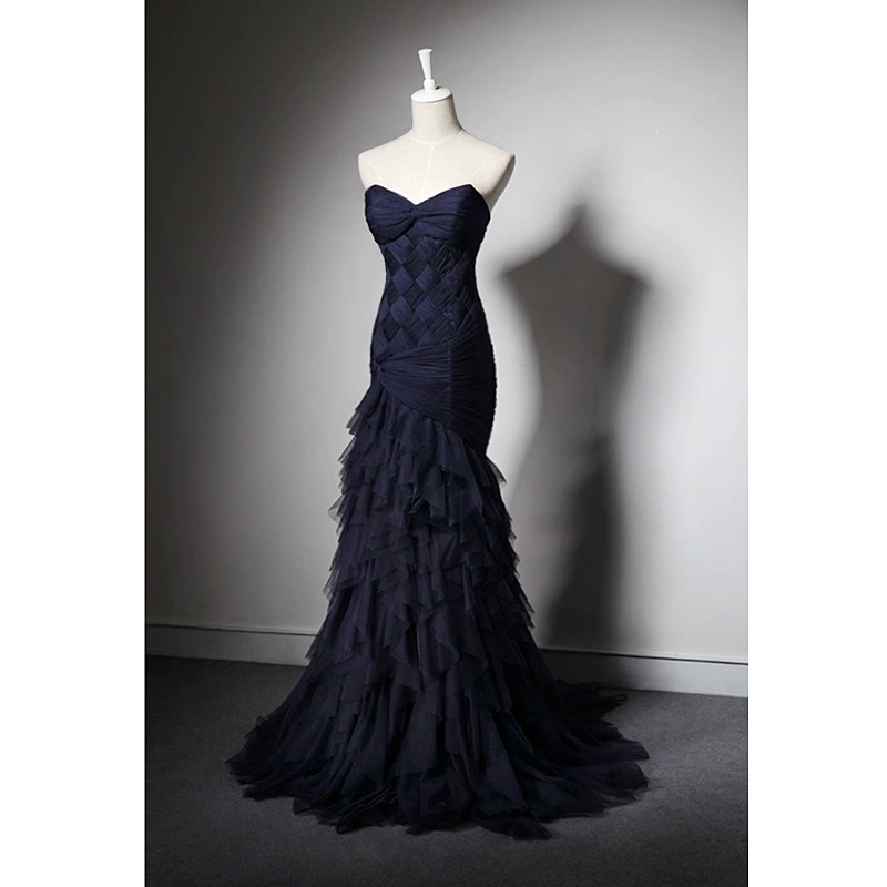 Real Pictures Dark Navy Evening Dresses Mermaid Prom Party Dresses Lace-up Back Layers Tulle Sweep Train