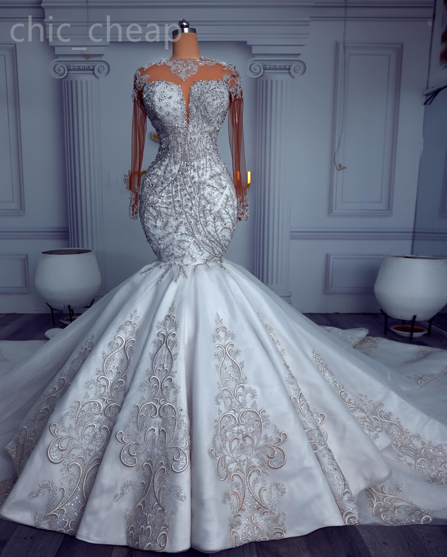 2024 Arabic Aso Ebi Plus Size Ivory Mermaid Wedding Dress Beaded Crystals Lace Sheer Neck Bridal Gowns Dresses ZJ075