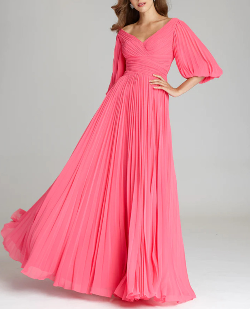 Classy Long Pink Chiffon V-Neck 3/4 Sleeve Mother of the Bride Dresses A-Line Fuchsia Royal Blue Pleated Floor Length Mom of The Groom Dress Godmother