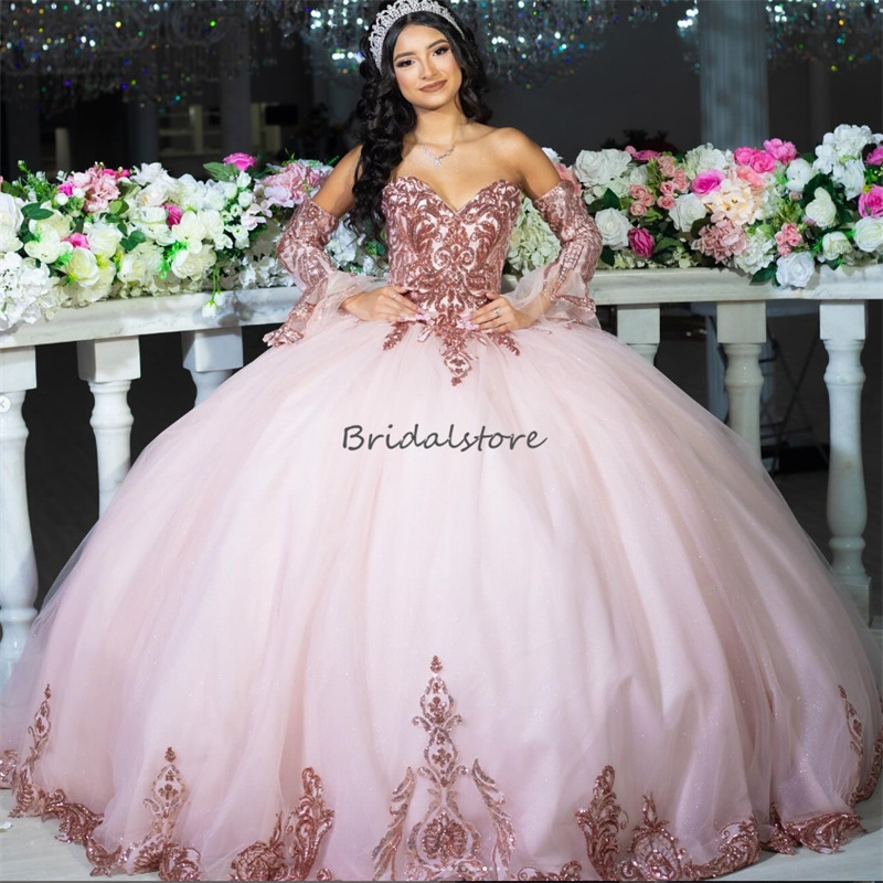Glitter Pink Quinceanera Dresses With Sleeves Sweetheart Ball Gown Sequin Fifteen Birthday Party Dress Vestidos De xv 15 Anos 2024 Corset Princess Swe