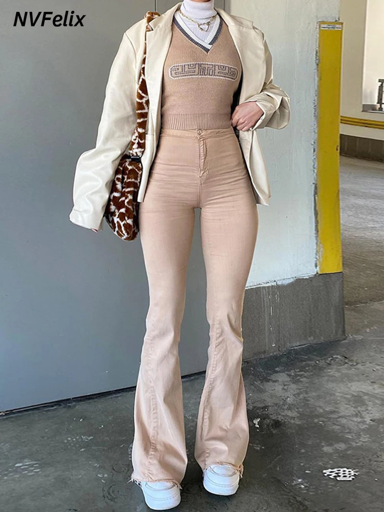 Flare Wide Leg Jeans Women Elastic High Waist Skinny Mom Denim Pants Fashion Oversize Casual Winter Trousers Streetwear 240118