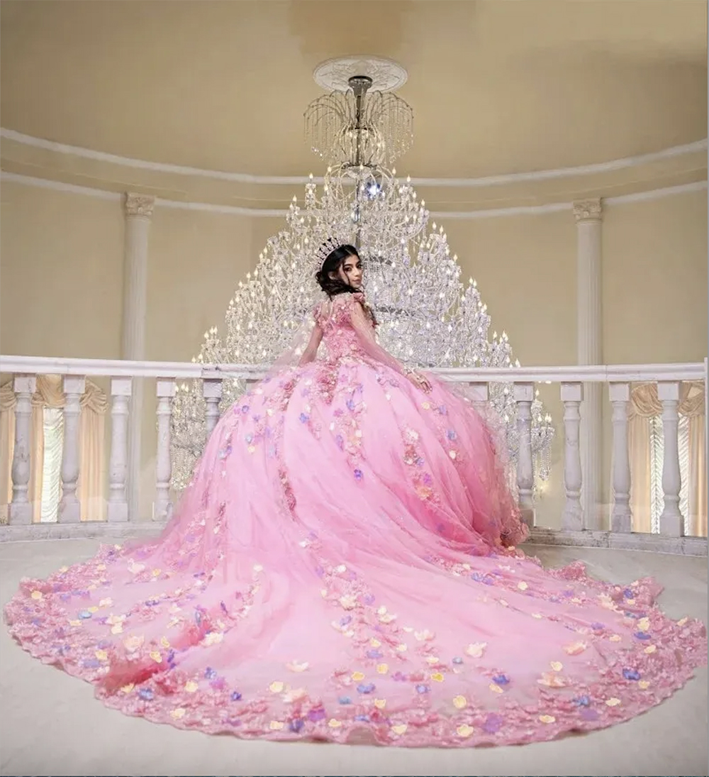 Pink Floral Crystal Sequined Ball Gown Quinceanera Dresses Sweetheart 3D Flowers Ruffles Corset Sweet 15 Vestidos De Anos
