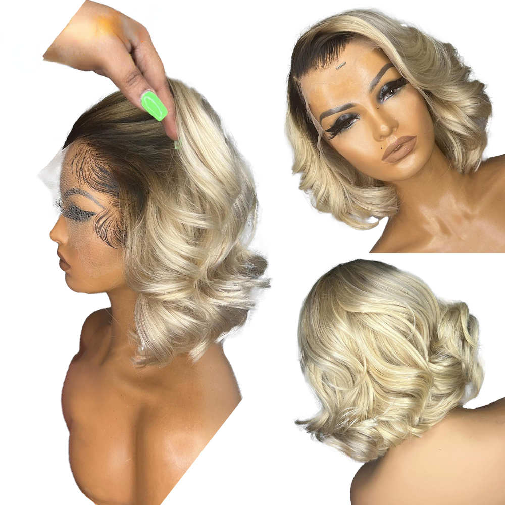 Ombre Honey Blonde Remy Human Hair Short Bob Wig for Women Glueless Transparent HD Lace 613 Body Wave 13x4 Frontal Wigs Synthetic
