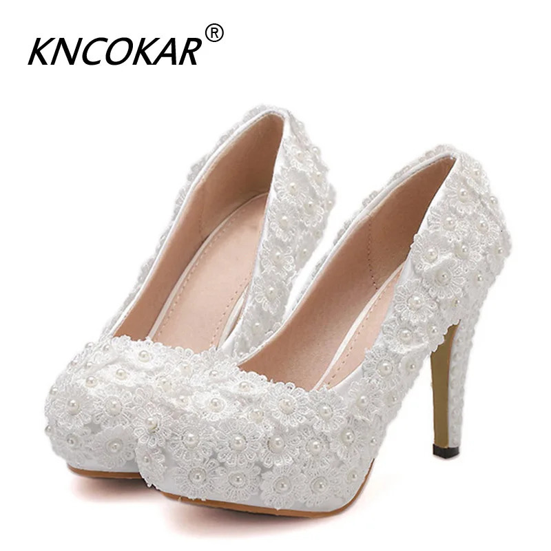 KNCOKAR Wedding Shoes Bride Lace Pumps Women With Crystal High Heels Pointed Toe Ladies HighHeeled 240119