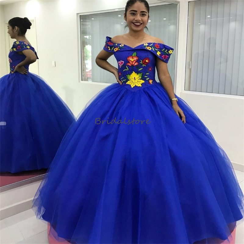 Traditional Mexican Blue Quinceanera Dresses With Colorful Flower Embroidery Fifteen Birthday Dress Vestido De Xv Debutante Beaded Off Shoulders Prom 