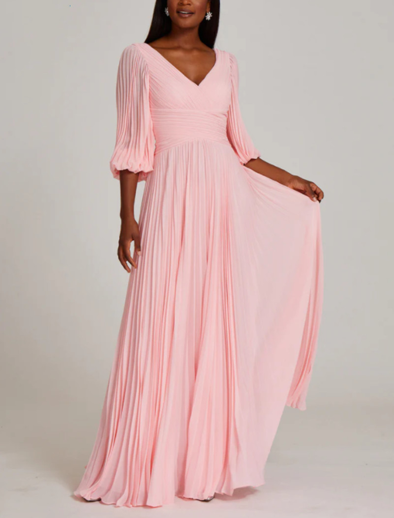 Classy Long Pink Chiffon V-Neck 3/4 Sleeve Mother of the Bride Dresses A-Line Fuchsia Royal Blue Pleated Floor Length Mom of The Groom Dress Godmother